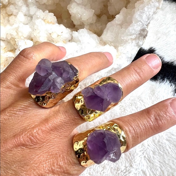Gold Plated Amethyst Cluster Cuff Ring - Picture 3 of 9